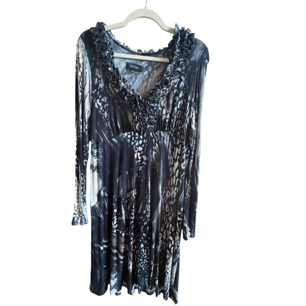 Karen Kane Jersey Black White Abstract Print Midi Dress XL Ruffled Neckline Goth